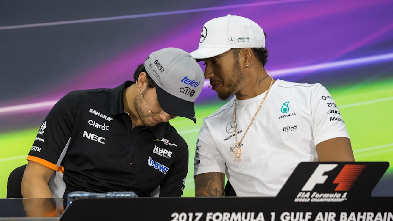 Sergio Perez (MEX) and Sergio Perez (MEX) Force India in the Press Conference at Formula One World Championship, Rd3, Bahrain Grand Prix Preparations, Bahrain International Circuit, Sakhir, Bahrain, Thursday 13 April 2017. © Sutton Motorsport Images