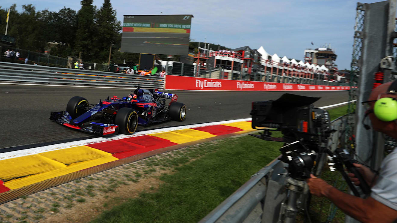 Carlos Sainz jr (ESP) Scuderia Toro Rosso STR12 and cameraman at Formula One World Championship, Rd12, Belgian Grand Prix, Practice, Spa Francorchamps, Belgium, Friday 25 August 2017. © Sutton Images