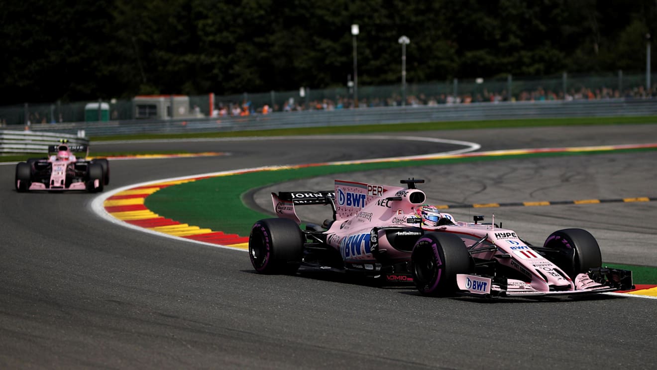 Sergio Perez (MEX) Force India VJM10 and Esteban Ocon (FRA) Force India VJM10 at Formula One World Championship, Rd12, Belgian Grand Prix, Qualifying, Spa Francorchamps, Belgium, Saturday 26 August 2017. © Sutton Images