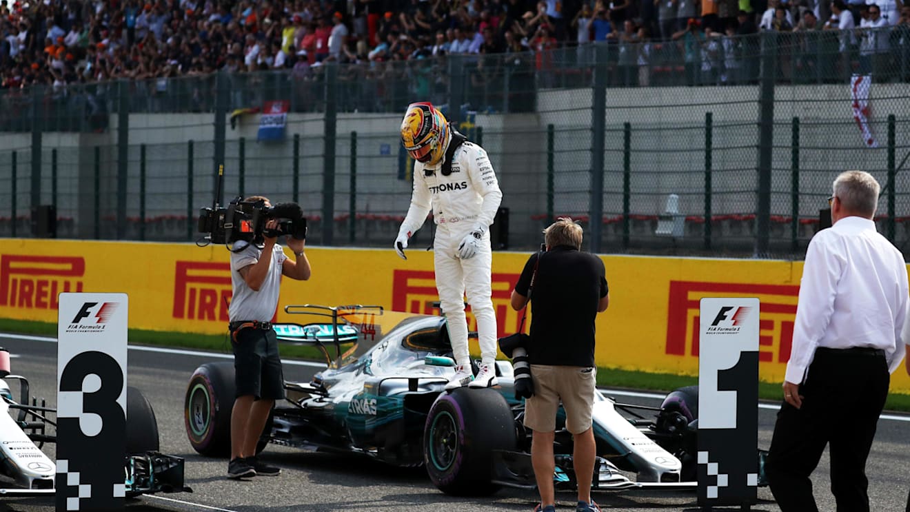 Pole sitter Lewis Hamilton (GBR) Mercedes-Benz F1 W08 Hybrid in parc ferme at Formula One World Championship, Rd12, Belgian Grand Prix, Qualifying, Spa Francorchamps, Belgium, Saturday 26 August 2017. © Sutton Images