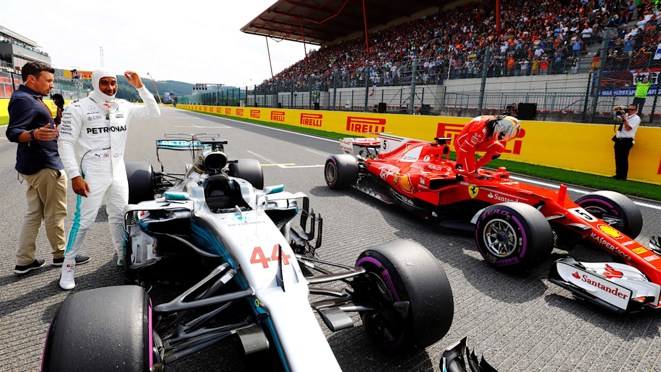 Pole sitter Hamilton (GBR) Mercedes-Benz F1 W08 Hybrid and  Vettel (GER) Ferrari SF70-H in parc ferme at Formula One World Championship, Rd12, Belgian Grand Prix, Qualifying, Spa Francorchamps, Belgium, Saturday 26 August 2017. © Sutton Images