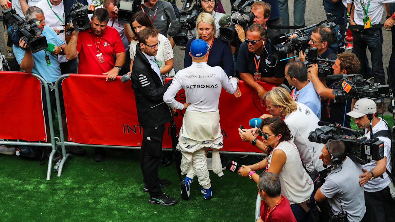 Valtteri Bottas (FIN) Mercedes AMG F1 in the media pen at Formula One World Championship, Rd12, Belgian Grand Prix, Qualifying, Spa Francorchamps, Belgium, Saturday 26 August 2017. © Sutton Images