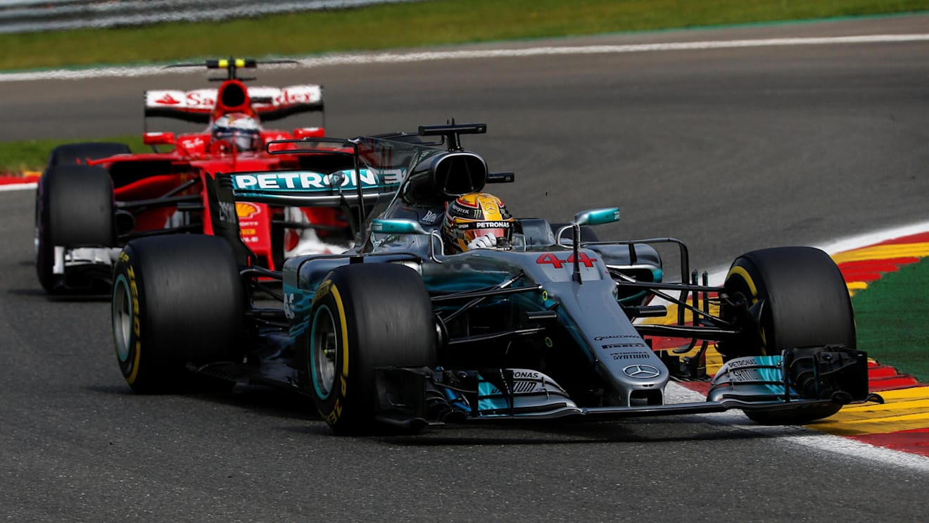 Lewis Hamilton (GBR) Mercedes-Benz F1 W08 Hybrid and Sebastian Vettel (GER) Ferrari SF70-H battle at Formula One World Championship, Rd12, Belgian Grand Prix, Race, Spa Francorchamps, Belgium, Sunday 27 August 2017. © Sutton Images