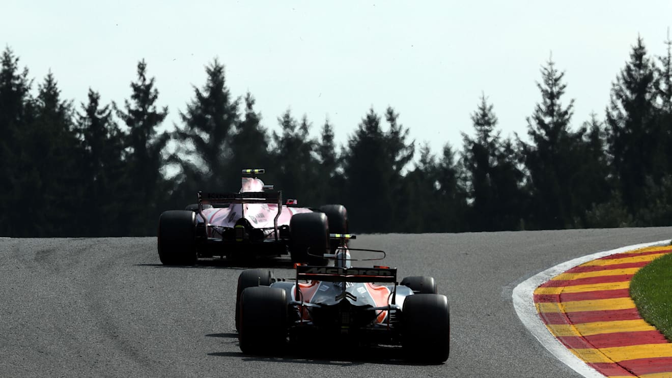 Stoffel Vandoorne (BEL) McLaren MCL32 and Esteban Ocon (FRA) Force India VJM10 at Formula One World Championship, Rd12, Belgian Grand Prix, Race, Spa Francorchamps, Belgium, Sunday 27 August 2017. © Sutton Images
