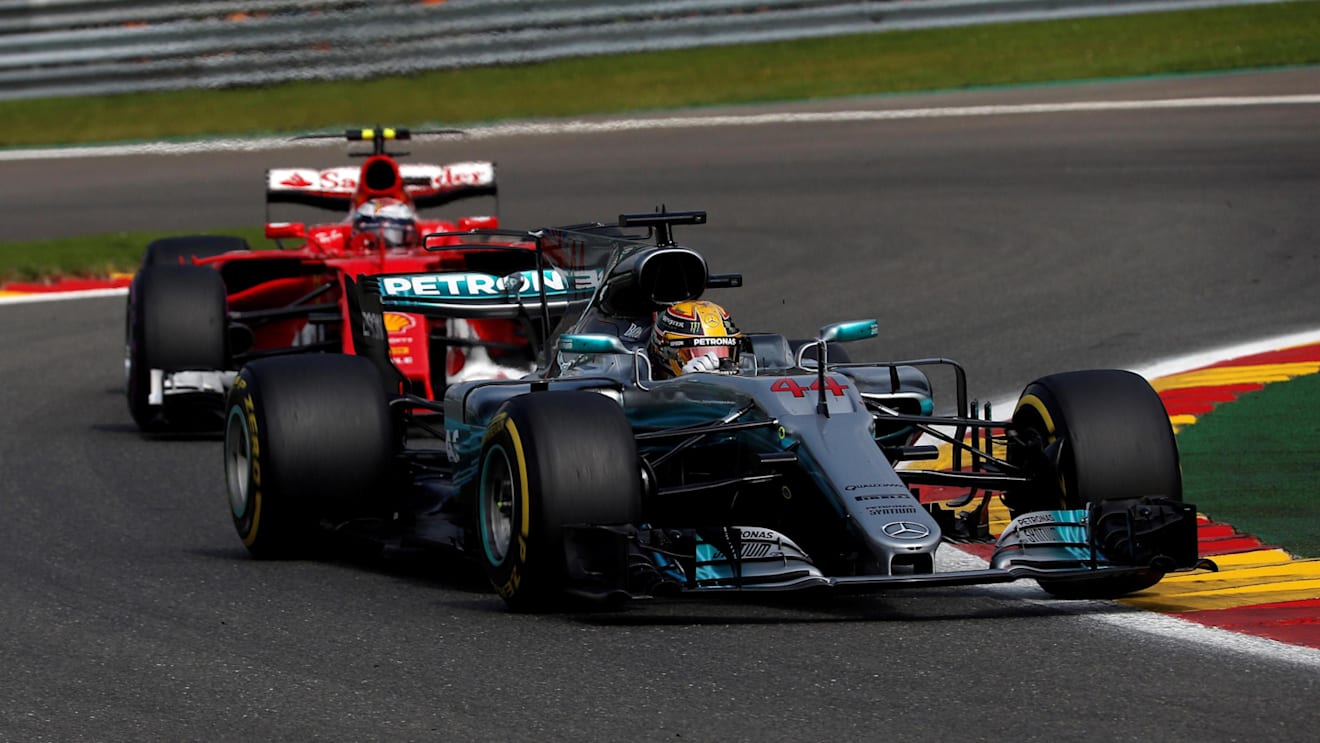 Lewis Hamilton (GBR) Mercedes-Benz F1 W08 Hybrid and Sebastian Vettel (GER) Ferrari SF70-H battle for position at Formula One World Championship, Rd12, Belgian Grand Prix, Race, Spa Francorchamps, Belgium, Sunday 27 August 2017. © Sutton Images