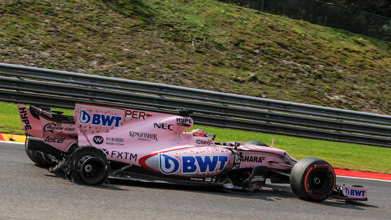 Sergio Perez (MEX) Force India VJM10 with rear puncture damage at Formula One World Championship, Rd12, Belgian Grand Prix, Race, Spa Francorchamps, Belgium, Sunday 27 August 2017. © Sutton Images