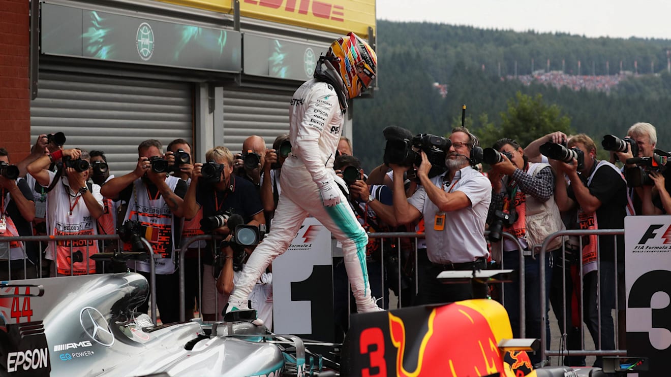 Race winner Lewis Hamilton (GBR) Mercedes-Benz F1 W08 Hybrid celebrates in parc ferme at Formula One World Championship, Rd12, Belgian Grand Prix, Race, Spa Francorchamps, Belgium, Sunday 27 August 2017. © Sutton Images