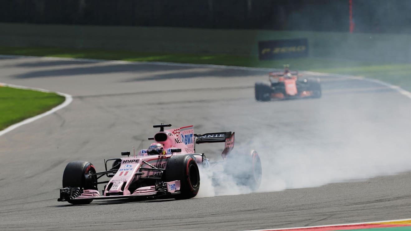Sergio Perez (MEX) Force India VJM10 locks up with puncture at Formula One World Championship, Rd12, Belgian Grand Prix, Race, Spa Francorchamps, Belgium, Sunday 27 August 2017. © Sutton Images