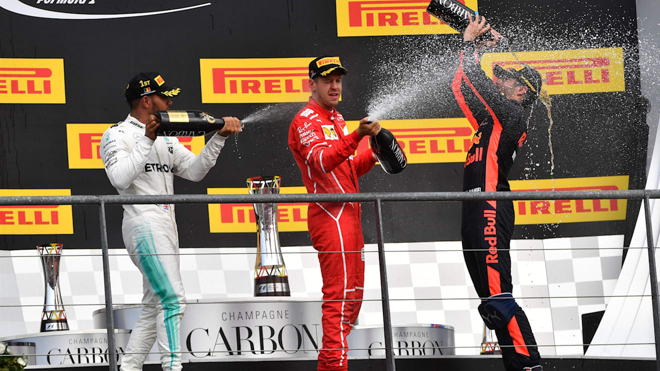 Race winner Lewis Hamilton (GBR) Mercedes AMG F1 celebrates on the podium with Sebastian Vettel (GER) Ferrari and Daniel Ricciardo (AUS) Red Bull Racing with the champagne at Formula One World Championship, Rd12, Belgian Grand Prix, Race, Spa Francorchamps, Belgium, Sunday 27 August 2017. © Sutton Images
