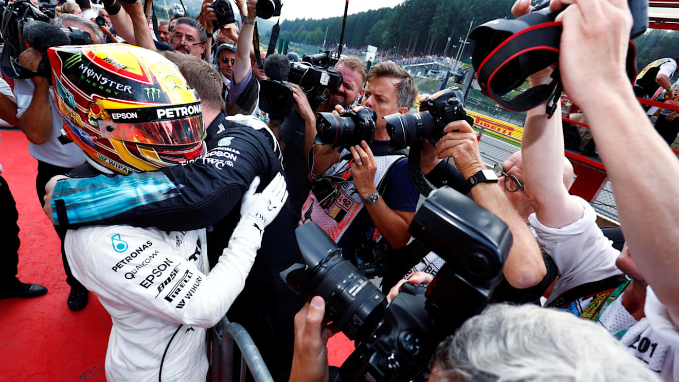 Race winner Lewis Hamilton (GBR) Mercedes AMG F1 celebrates in parc ferme Formula One World Championship, Rd12, Belgian Grand Prix, Race, Spa Francorchamps, Belgium, Sunday 27 August 2017. © Sutton Images