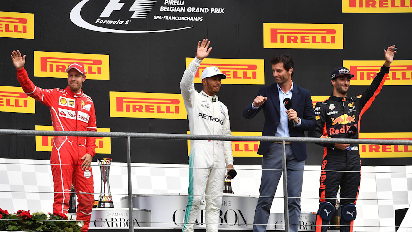 Sebastian Vettel (GER) Ferrari, Lewis Hamilton (GBR) Mercedes AMG F1, Mark Webber (AUS) and Daniel Ricciardo (AUS) Red Bull Racing celebrate on the podium at Formula One World Championship, Rd12, Belgian Grand Prix, Race, Spa Francorchamps, Belgium, Sunday 27 August 2017. © Sutton Images