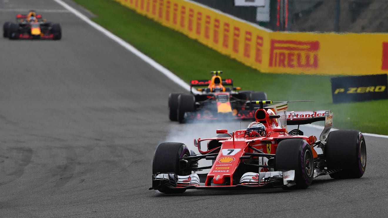 Kimi Raikkonen (FIN) Ferrari SF70-H locks up at Formula One World Championship, Rd12, Belgian Grand Prix, Race, Spa Francorchamps, Belgium, Sunday 27 August 2017. © Sutton Images