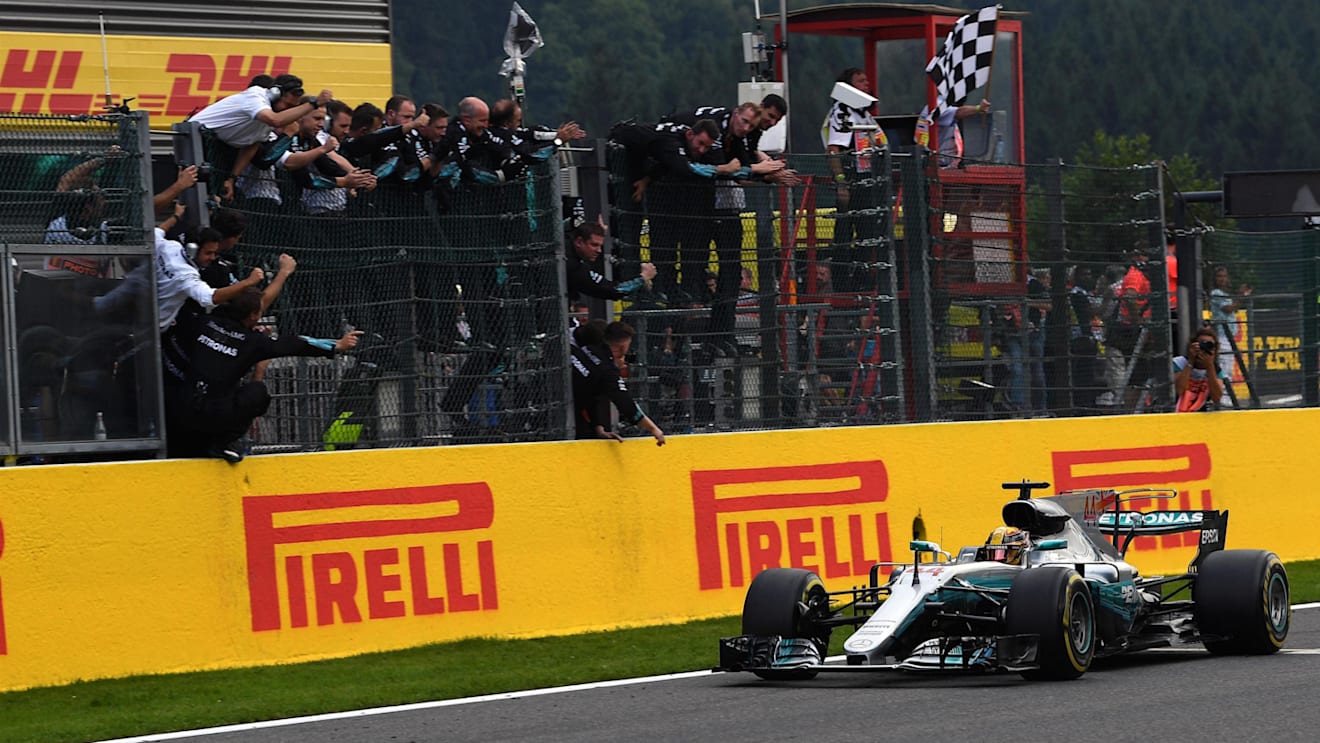 Race winner Lewis Hamilton (GBR) Mercedes-Benz F1 W08 Hybrid takes the chequered flag at Formula One World Championship, Rd12, Belgian Grand Prix, Race, Spa Francorchamps, Belgium, Sunday 27 August 2017. © Sutton Images