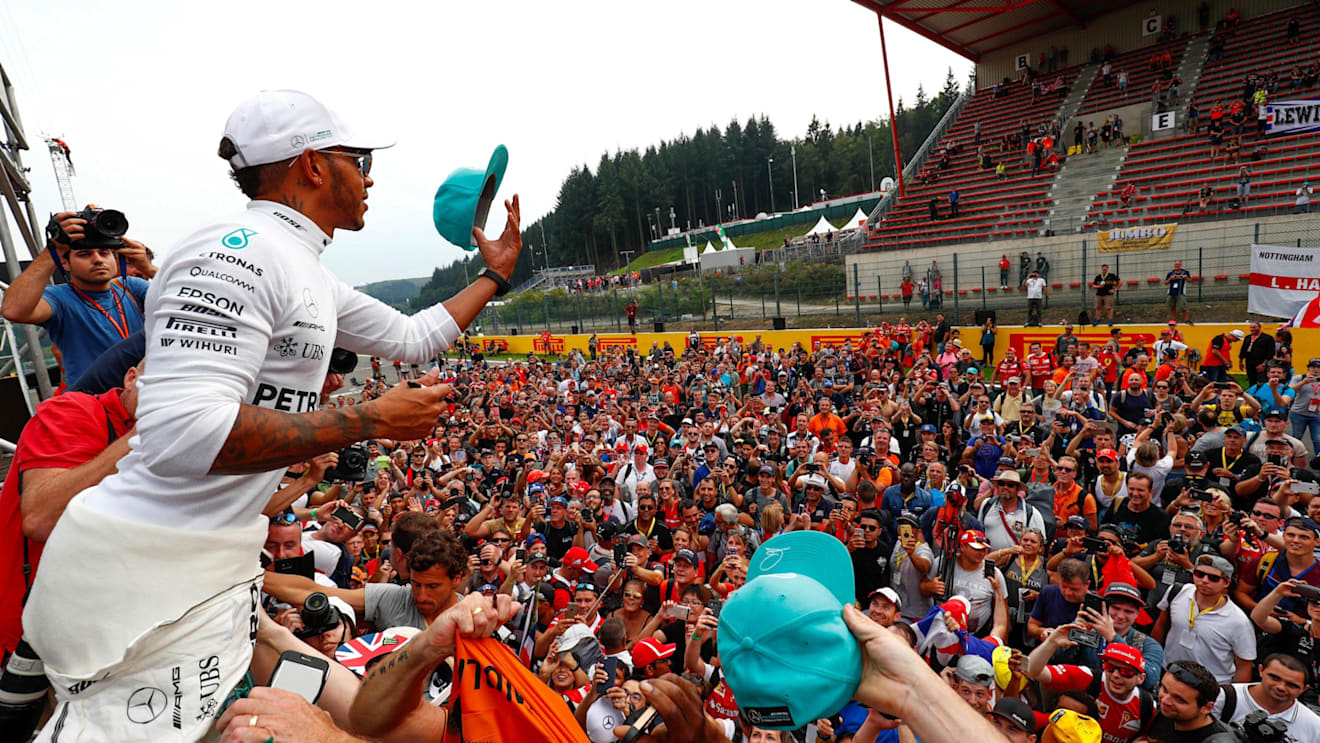 Race winner Lewis Hamilton (GBR) Mercedes AMG F1 celebrates with the fans at Formula One World Championship, Rd12, Belgian Grand Prix, Race, Spa Francorchamps, Belgium, Sunday 27 August 2017. © Sutton Images