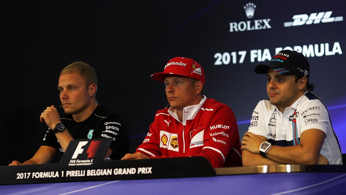 Bottas (FIN) Mercedes AMG F1, Raikkonen (FIN) Ferrari and Massa (BRA) Williams in the Press Conference at Formula One World Championship, Rd12, Belgian Grand Prix, Preparations, Spa Francorchamps, Belgium, Thursday 24 August 2017. © Sutton Images