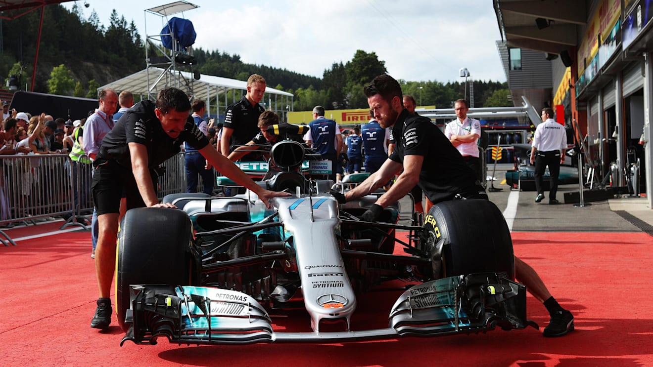 Mercedes AMG F1 mechanics with Mercedes-Benz F1 W08 Hybrid in pit lane at Formula One World Championship, Rd12, Belgian Grand Prix, Preparations, Spa Francorchamps, Belgium, Thursday 24 August 2017. © Sutton Images