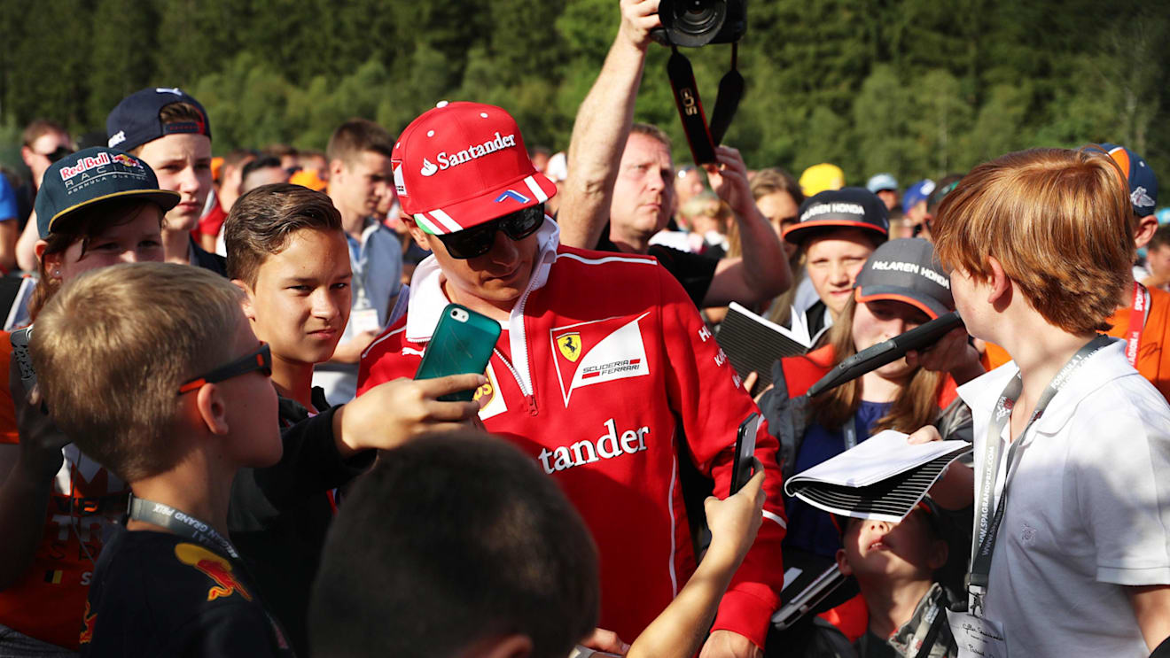 Kimi Raikkonen (FIN) Ferrari fans selfie at Formula One World Championship, Rd12, Belgian Grand Prix, Preparations, Spa Francorchamps, Belgium, Thursday 24 August 2017. © Sutton Images