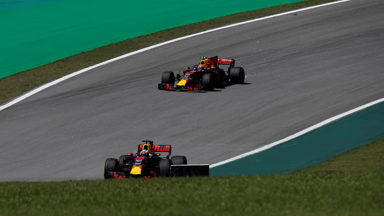 Daniel Ricciardo (AUS) Red Bull Racing RB13 and Max Verstappen (NED) Red Bull Racing RB13 at Formula One World Championship, Rd19, Brazilian Grand Prix, Practice, Interlagos, Sao Paulo, Brazil, Friday 10 November 2017. © Manuel Goria/Sutton Images