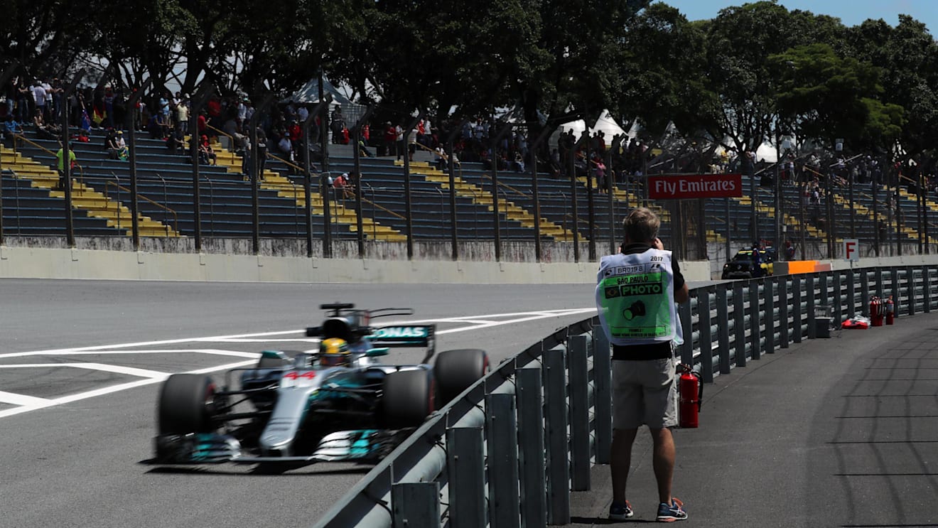 Lewis Hamilton (GBR) Mercedes-Benz F1 W08 Hybrid and photographer at Formula One World Championship, Rd19, Brazilian Grand Prix, Practice, Interlagos, Sao Paulo, Brazil, Friday 10 November 2017. © Kym Illman/Sutton Images