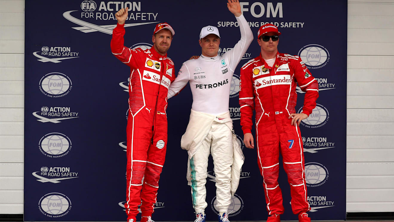 Sebastian Vettel (GER) Ferrari, pole sitter Valtteri Bottas (FIN) Mercedes AMG F1 and Kimi Raikkonen (FIN) Ferrari celebrate in parc ferme at Formula One World Championship, Rd19, Brazilian Grand Prix, Qualifying, Interlagos, Sao Paulo, Brazil, Saturday 11 November 2017. © Kym Illman/Sutton Images