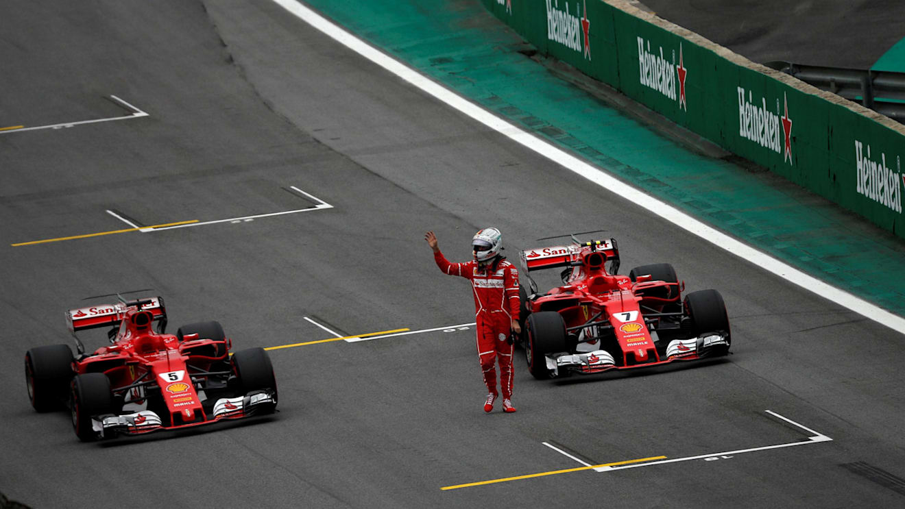 Sebastian Vettel (GER) Ferrari SF70-H celebrates in parc ferme at Formula One World Championship, Rd19, Brazilian Grand Prix, Qualifying, Interlagos, Sao Paulo, Brazil, Saturday 11 November 2017. © Manuel Goria/Sutton Images