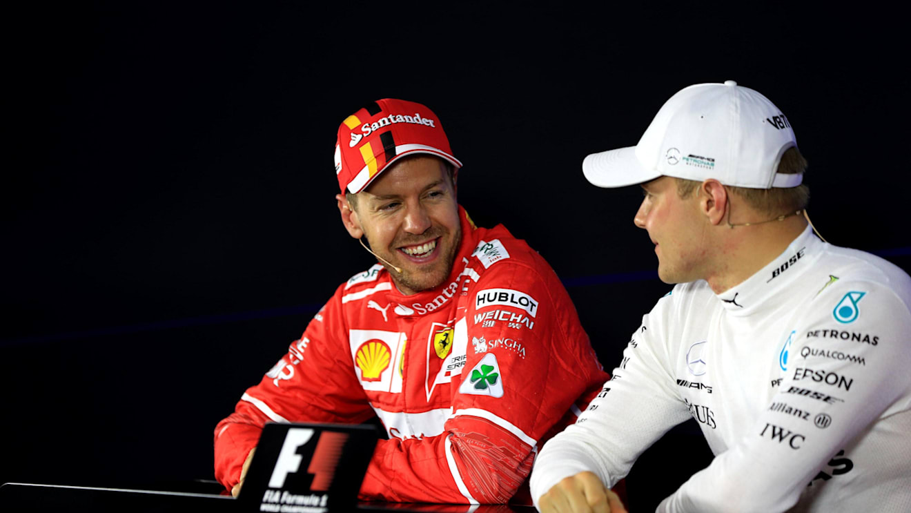 Sebastian Vettel (GER) Ferrari and Valtteri Bottas (FIN) Mercedes AMG F1 in the Press Conference at Formula One World Championship, Rd19, Brazilian Grand Prix, Qualifying, Interlagos, Sao Paulo, Brazil, Saturday 11 November 2017. © Kym Illman/Sutton Image