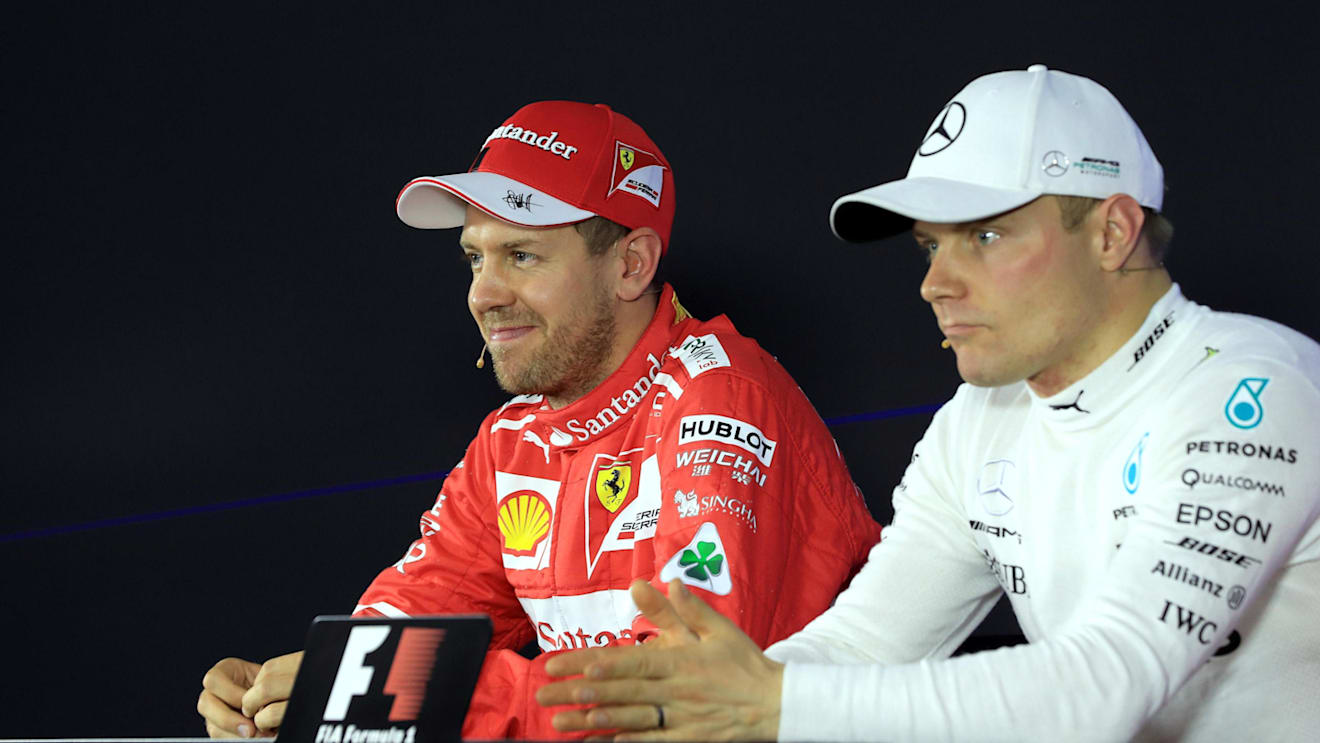 Sebastian Vettel (GER) Ferrari and Valtteri Bottas (FIN) Mercedes AMG F1 in the Press Conference at Formula One World Championship, Rd19, Brazilian Grand Prix, Qualifying, Interlagos, Sao Paulo, Brazil, Saturday 11 November 2017. © Kym Illman/Sutton Images