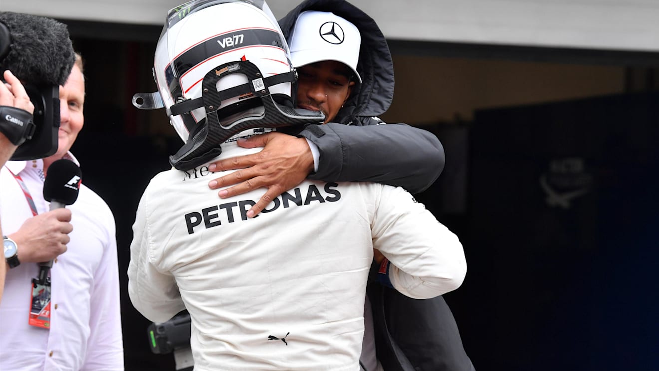 Hamilton (GBR) Mercedes AMG F1 congratulates Bottas (FIN) Mercedes AMG F1 in parc ferme at Formula One World Championship, Rd19, Brazilian Grand Prix, Qualifying, Interlagos, Sao Paulo, Brazil, Saturday 11 November 2017. © Mark Sutton/Sutton Images