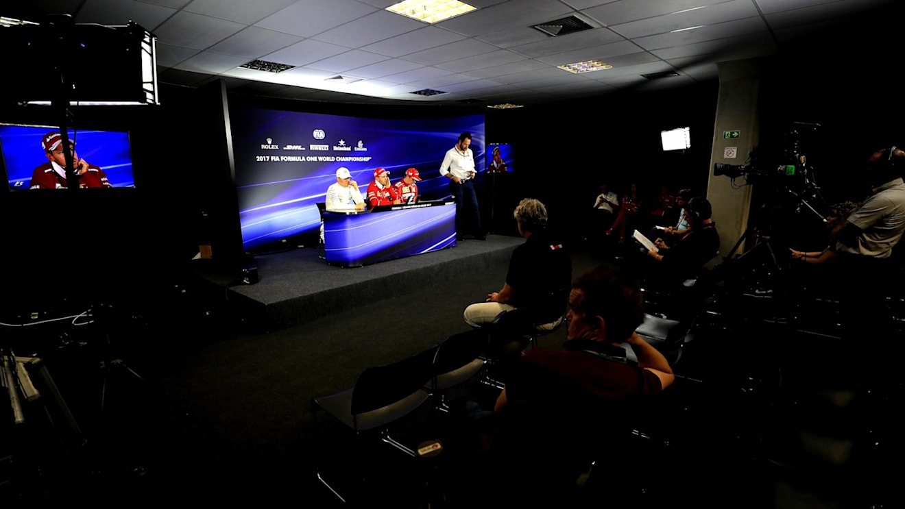 Valtteri Bottas (FIN) Mercedes AMG F1, race winner Sebastian Vettel (GER) Ferrari, Kimi Raikkonen (FIN) Ferrari and Matteo Bonciani (ITA) FIA Media Delegate in the Press Conference at Formula One World Championship, Rd19, Brazilian Grand Prix, Race, Inter