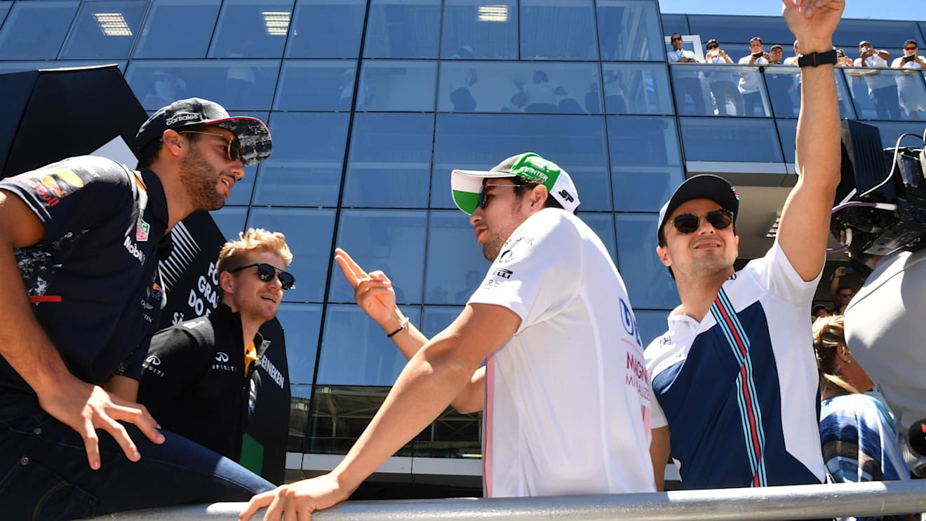 Daniel Ricciardo (AUS) Red Bull Racing and Sergio Perez (MEX) Force India and Felipe Massa (BRA) Williams on the drivers parade at Formula One World Championship, Rd19, Brazilian Grand Prix, Race, Interlagos, Sao Paulo, Brazil, Sunday 12 November 2017. © Mark Sutton/Sutton Images