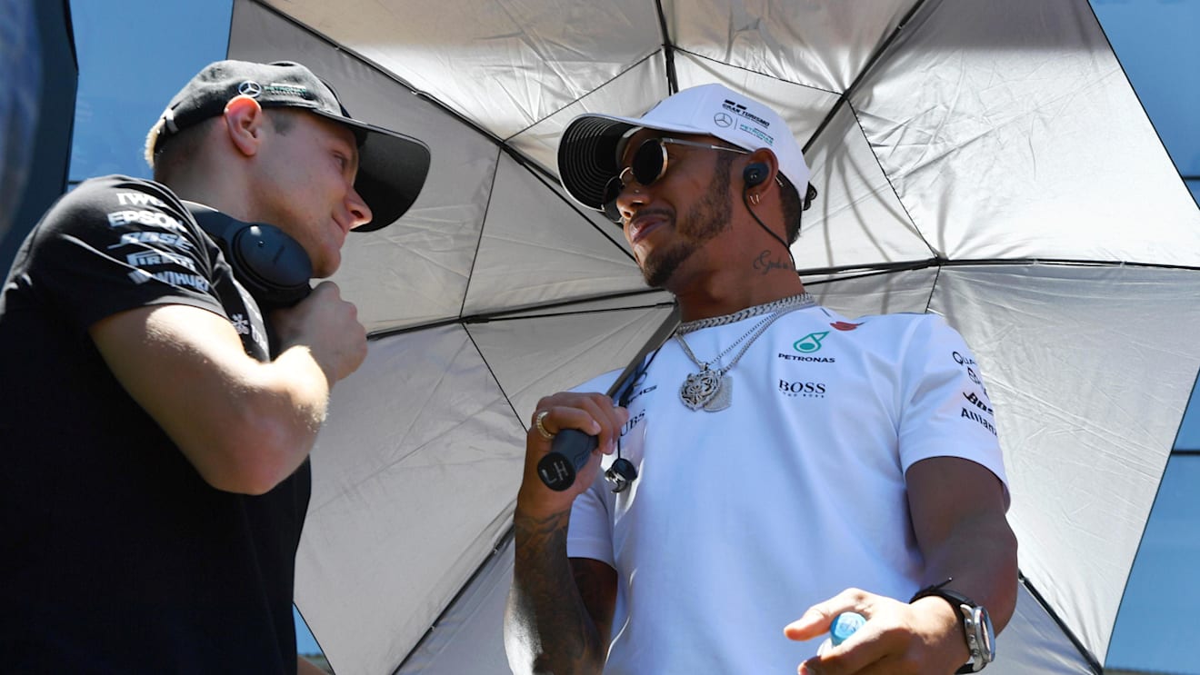 Valtteri Bottas (FIN) Mercedes AMG F1 and Lewis Hamilton (GBR) Mercedes AMG F1 on the drivers parade at Formula One World Championship, Rd19, Brazilian Grand Prix, Race, Interlagos, Sao Paulo, Brazil, Sunday 12 November 2017. © Mark Sutton/Sutton Images