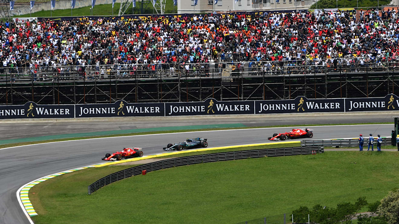 Sebastian Vettel (GER) Ferrari SF70-H leads at the start of the race is recovered at Formula One World Championship, Rd19, Brazilian Grand Prix, Race, Interlagos, Sao Paulo, Brazil, Sunday 12 November 2017. © Mark Sutton/Sutton Images