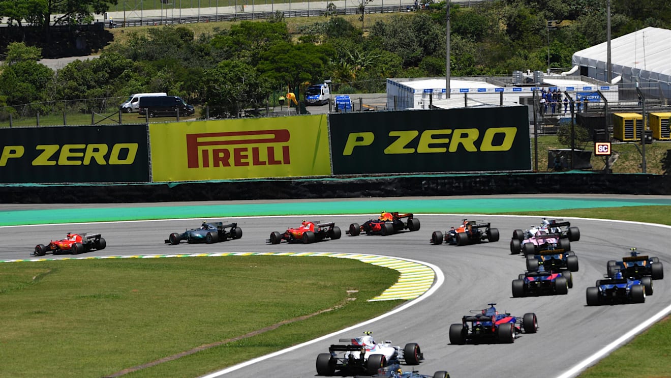 Sebastian Vettel (GER) Ferrari SF70-H leads at the start of the race at Formula One World Championship, Rd19, Brazilian Grand Prix, Race, Interlagos, Sao Paulo, Brazil, Sunday 12 November 2017. © Mark Sutton/Sutton Images
