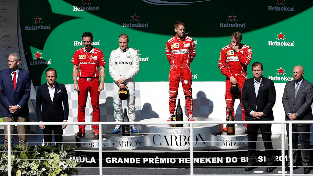Podium (L to R): Valtteri Bottas (FIN) Mercedes AMG F1, race winner Sebastian Vettel (GER) Ferrari and Kimi Raikkonen (FIN) Ferrari at Formula One World Championship, Rd19, Brazilian Grand Prix, Race, Interlagos, Sao Paulo, Brazil, Sunday 12 November 2017