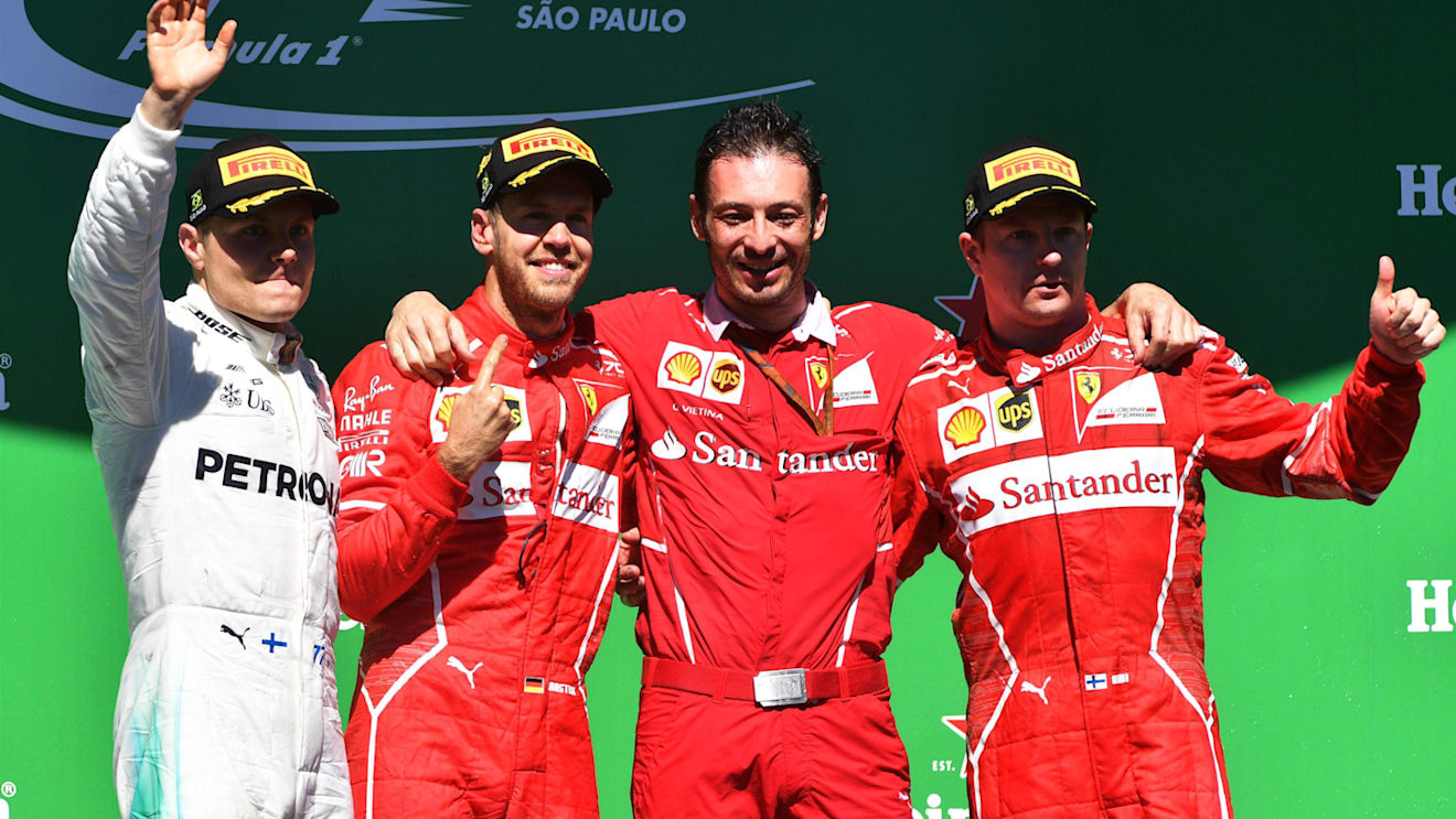 Podium (L to R): Valtteri Bottas (FIN) Mercedes AMG F1, Sebastian Vettel (GER) Ferrari, G Vietina (ITA) Ferrari and Kimi Raikkonen (FIN) Ferrari celebrate on the podium at Formula One World Championship, Rd19, Brazilian Grand Prix, Race, Interlagos, Sao Paulo, Brazil, Sunday 12 November 2017. © Mark Sutton/Sutton Images