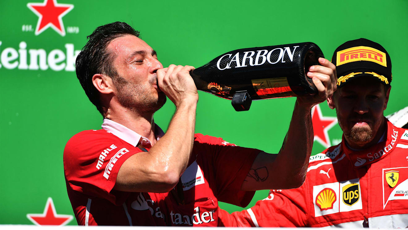 G Vietina (ITA) Ferrari celebrates on the podium with the champagne at Formula One World Championship, Rd19, Brazilian Grand Prix, Race, Interlagos, Sao Paulo, Brazil, Sunday 12 November 2017. © Mark Sutton/Sutton Images