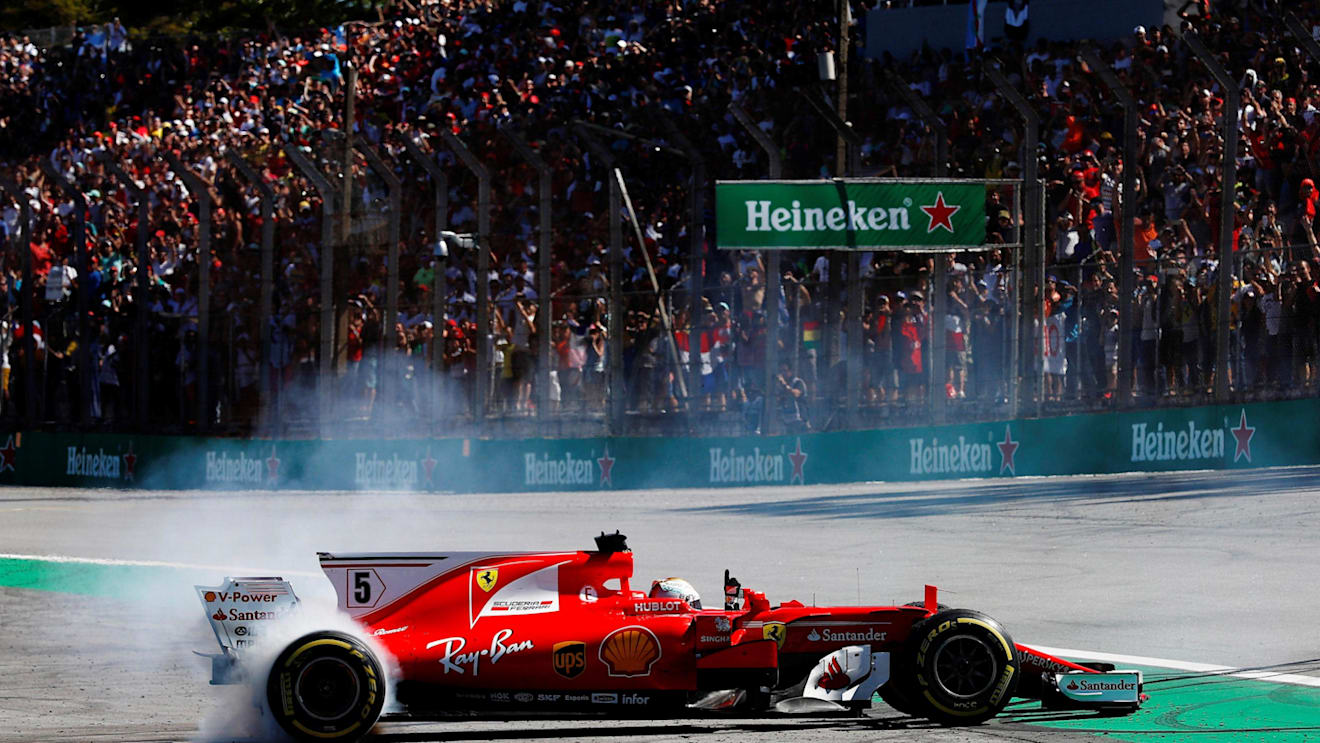 Sebastian Vettel (GER) Ferrari SF70-H performs donuts at the end of the race at Formula One World Championship, Rd19, Brazilian Grand Prix, Race, Interlagos, Sao Paulo, Brazil, Sunday 12 November 2017. © Glenn Dunbar/LAT/Sutton Images