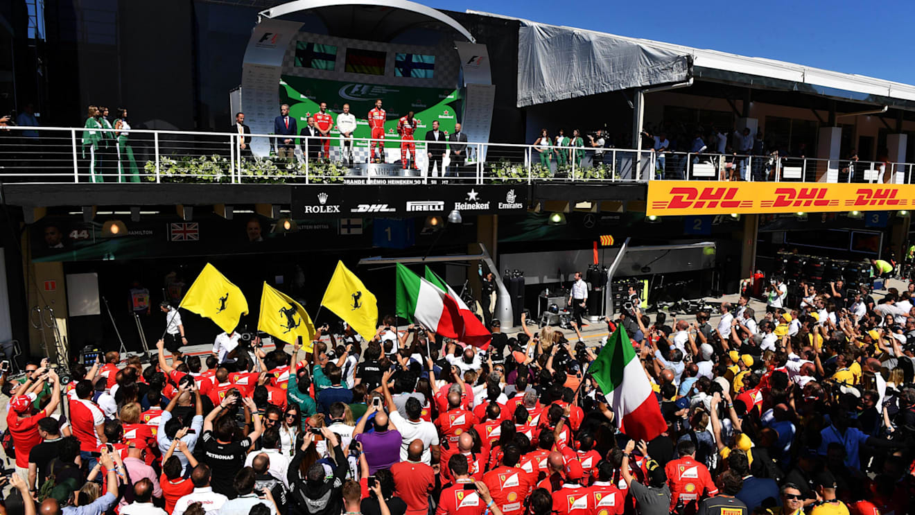 Podium celebrations at Formula One World Championship, Rd19, Brazilian Grand Prix, Race, Interlagos, Sao Paulo, Brazil, Sunday 12 November 2017. © Mark Sutton/Sutton Images
