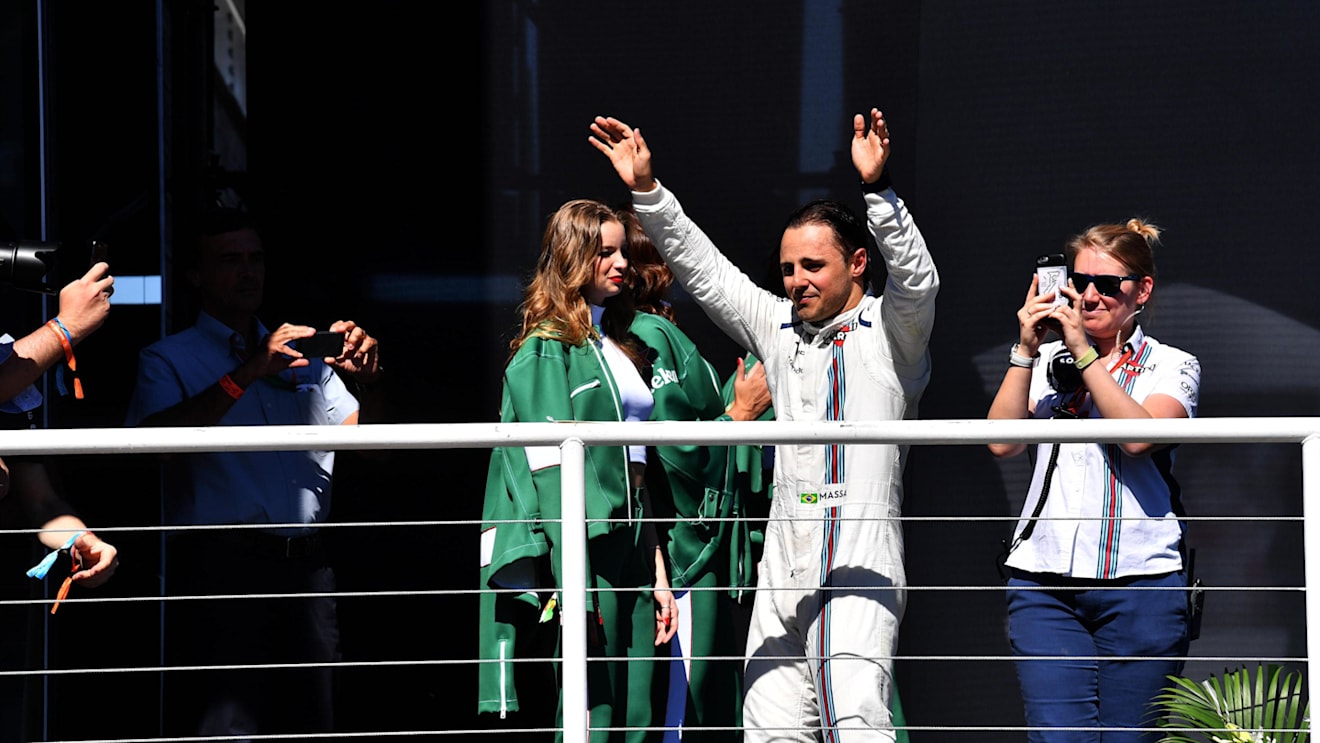 Felipe Massa (BRA) Williams celebrates the finish of his last Brazilian Grand Prix on the podium at Formula One World Championship, Rd19, Brazilian Grand Prix, Race, Interlagos, Sao Paulo, Brazil, Sunday 12 November 2017. © Mark Sutton/Sutton Images