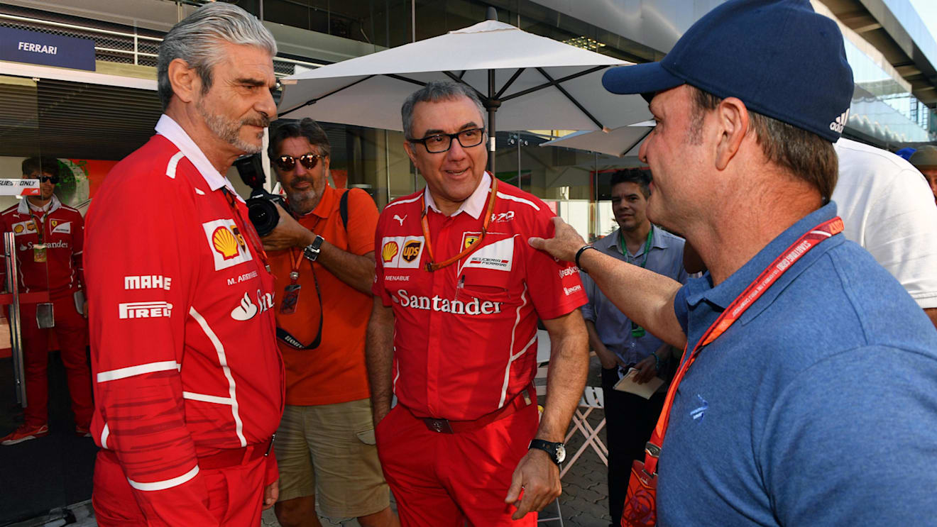 Rubens Barrichello (BRA) and Maurizio Arrivabene (ITA) Ferrari Team Principal at Formula One World Championship, Rd19, Brazilian Grand Prix, Race, Interlagos, Sao Paulo, Brazil, Sunday 12 November 2017. © Mark Sutton/Sutton Images
