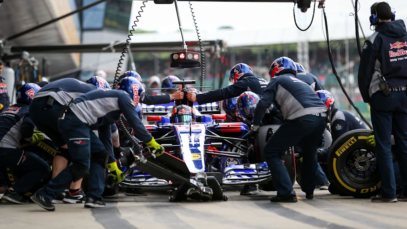 Daniil Kvyat (RUS) Scuderia Toro Rosso STR12 makes a pitstop at Formula One World Championship, Rd10, British Grand Prix, Practice, Silverstone, England, Friday 14 July 2017. © Sutton Images