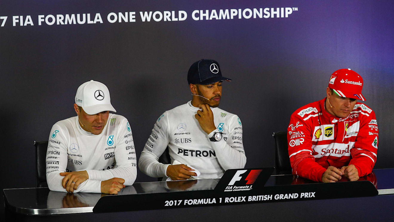 Valtteri Bottas (FIN) Mercedes AMG F1, Lewis Hamilton (GBR) Mercedes AMG F1 and Kimi Raikkonen (FIN) Ferrari in the Press Conference at Formula One World Championship, Rd10, British Grand Prix, Race, Silverstone, England, Sunday 16 July 2017. © Sutton Images