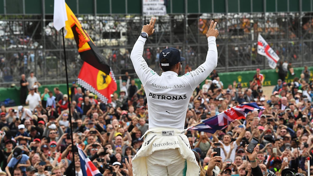 Race winner Lewis Hamilton (GBR) Mercedes AMG F1 celebrates with the fans at Formula One World Championship, Rd10, British Grand Prix, Race, Silverstone, England, Sunday 16 July 2017. © Sutton Images