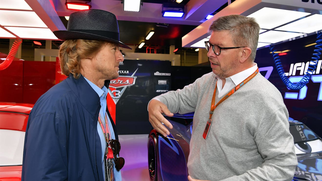 Owen Wilson (USA) Actor and Ross Brawn (GBR) Formula One Managing Director of Motorsports at Formula One World Championship, Rd10, British Grand Prix, Race, Silverstone, England, Sunday 16 July 2017. © Sutton Images