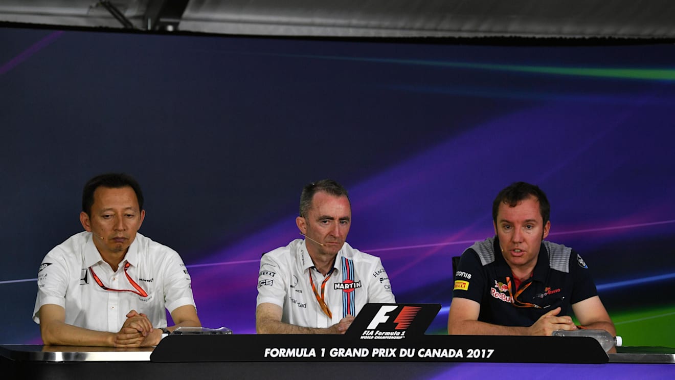 (L to R): Yusuke Hasegawa (JPN) Head of Honda Motorsport, Paddy Lowe (GBR) Williams Shareholder and Technical Director and Jody Egginton, Scuderia Toro Rosso Head of Vehicle Performance in the Press Conference at Formula One World Championship, Rd7, Canadian Grand Prix, Practice, Montreal, Canada, Friday 9 June 2017. © Sutton Motorsport Images