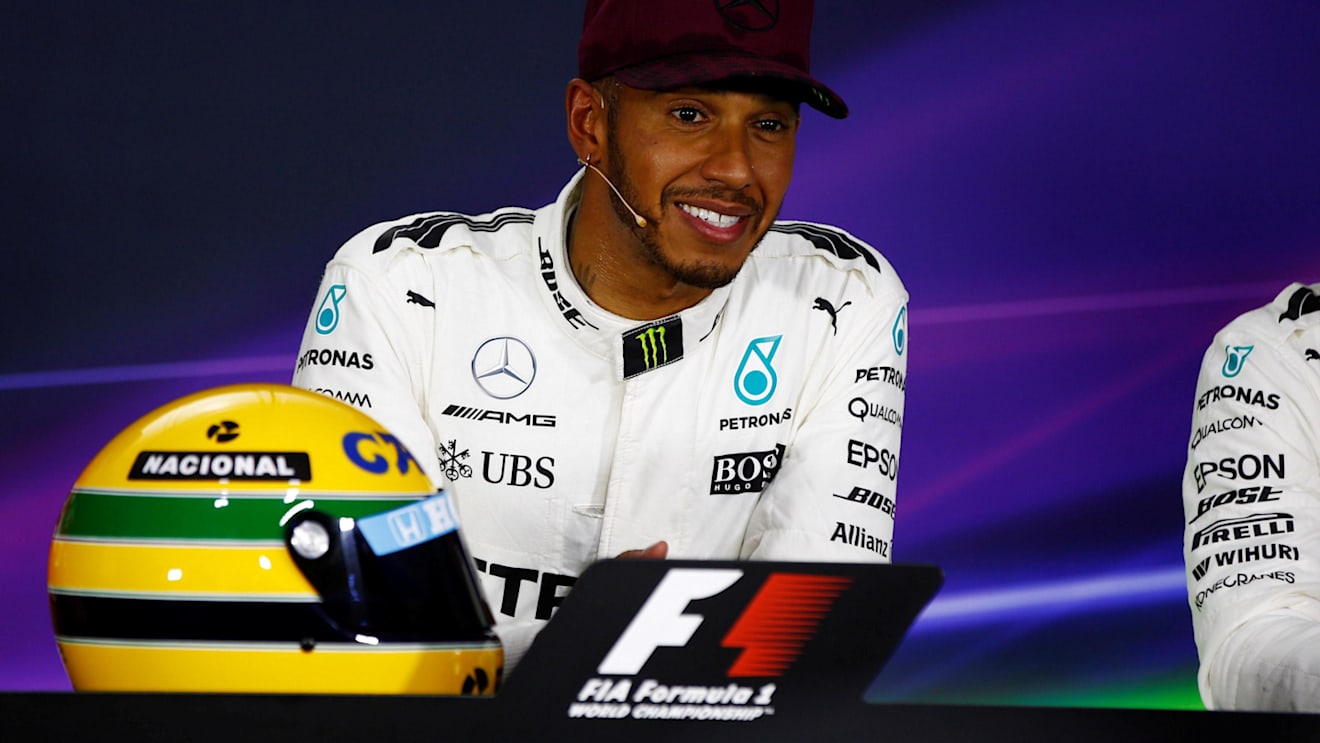 Pole sitter Lewis Hamilton (GBR) Mercedes AMG F1 with the helmet of Ayrton Senna in the Press Conference at Formula One World Championship, Rd7, Canadian Grand Prix, Qualifying, Montreal, Canada, Saturday 10 June 2017. © Sutton Motorsport Images