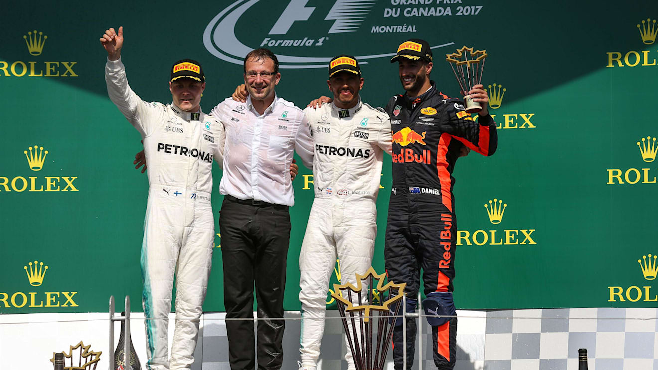 Valtteri Bottas (FIN) Mercedes AMG F1, Loic Serra (SUI) Mercedes AMG F1 Head of Vehicle Dynamics, race winner Lewis Hamilton (GBR) Mercedes AMG F1 and Daniel Ricciardo (AUS) Red Bull Racing celebrate on the podium with the trophies at Formula One World Championship, Rd7, Canadian Grand Prix, Race, Montreal, Canada, Sunday 11 June 2017. © Sutton Motorsport Images