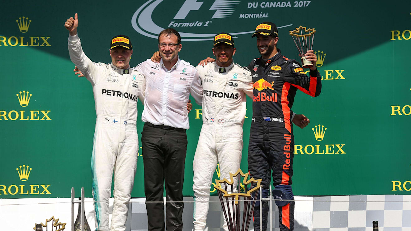 Valtteri Bottas (FIN) Mercedes AMG F1, Loic Serra (SUI) Mercedes AMG F1 Head of Vehicle Dynamics, race winner Lewis Hamilton (GBR) Mercedes AMG F1 and Daniel Ricciardo (AUS) Red Bull Racing celebrate on the podium with the trophies at Formula One World Championship, Rd7, Canadian Grand Prix, Race, Montreal, Canada, Sunday 11 June 2017. © Sutton Motorsport Images