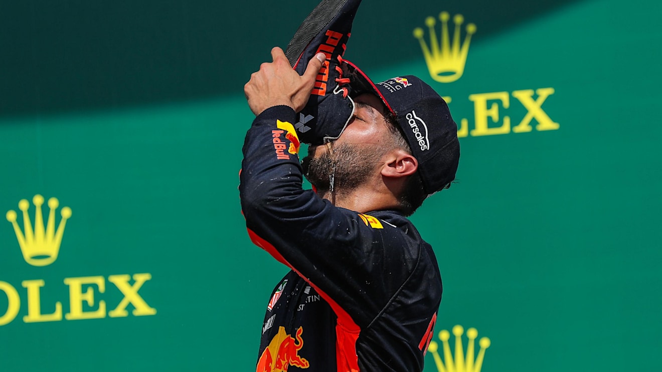 Daniel Ricciardo (AUS) Red Bull Racing celebrates on the podium with the champagne and does a shoey at Formula One World Championship, Rd7, Canadian Grand Prix, Race, Montreal, Canada, Sunday 11 June 2017. © Sutton Motorsport Images