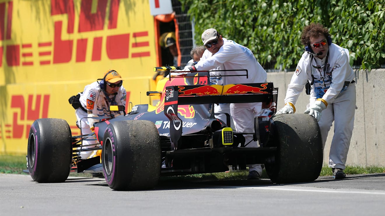 The car of race retiree Max Verstappen (NED) Red Bull Racing RB13 is recovered at Formula One World Championship, Rd7, Canadian Grand Prix, Race, Montreal, Canada, Sunday 11 June 2017. © Sutton Images